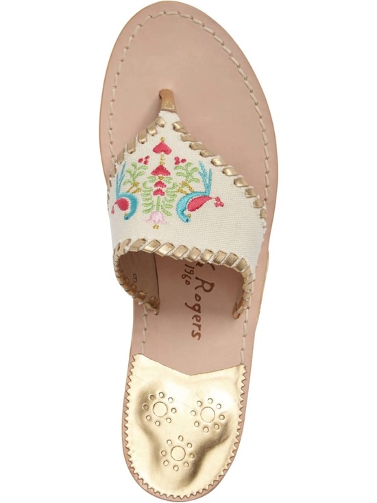 Jack Rogers Shoes - Jack Rogers Parrots Cream Embroidered Thong Sandal with Gold Accents